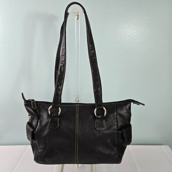 Black Leather Pebble Grain Double Shoulder Strap Purse with Zipper Closure - Picture 2 of 14